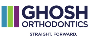 GHOSH ORTHODONTICS logo with blue, green, and purple vertical bars and the tagline “STRAIGHT. FORWARD.”